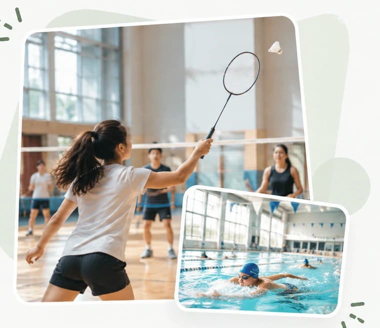 A badminton player mid-swing at an indoor court, with a lane-swim pool session inset below